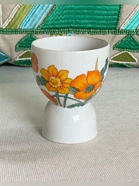 Vtg Lefton China Double Egg Cup Orange Yellow Poppies & Daffodils Flowers